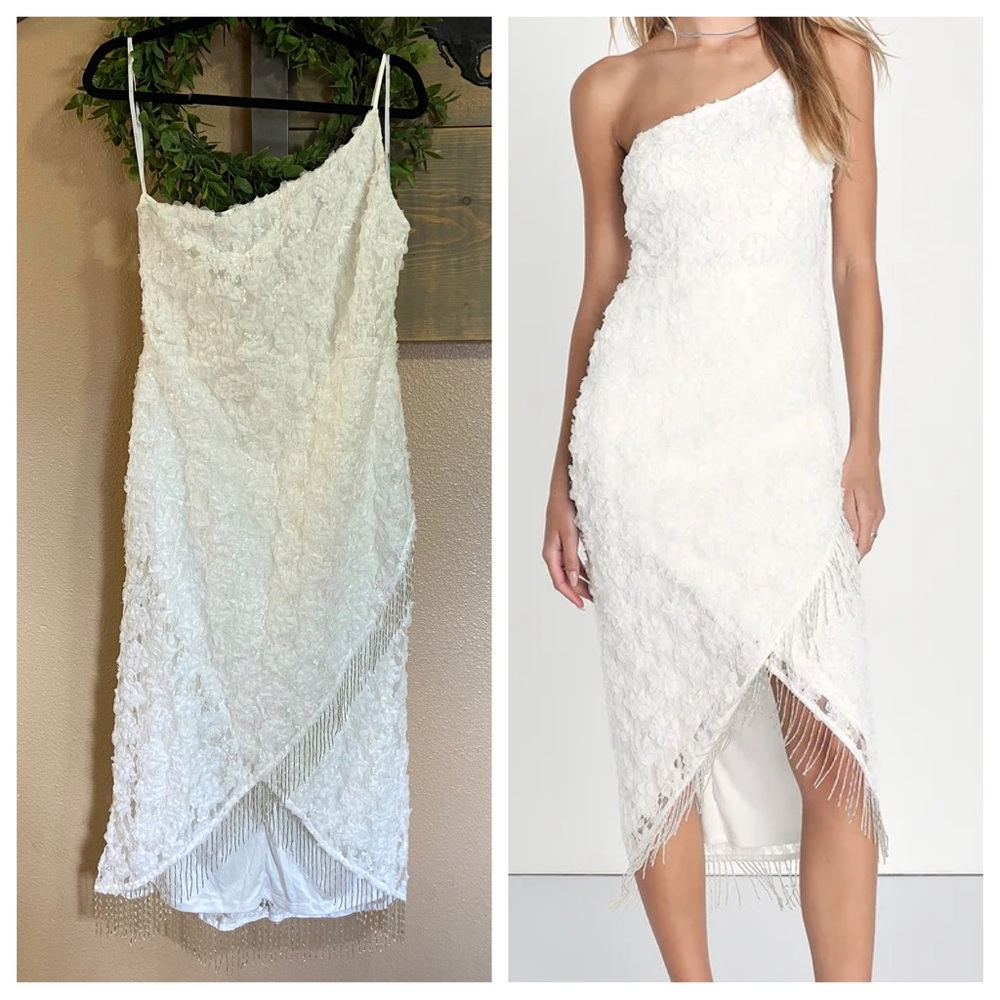NWOT Lulus Stunning Destiny Ivory One-Shoulder 3D Floral Midi Dress